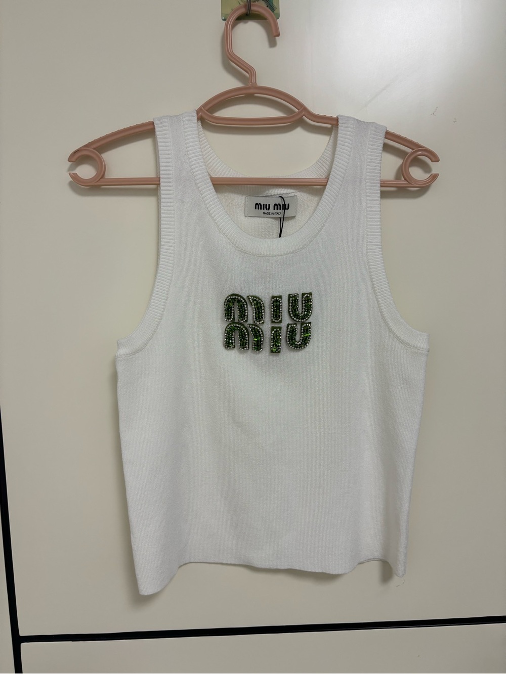 Miu Miu White Ribbed Tank Top with Green Embellished Logo